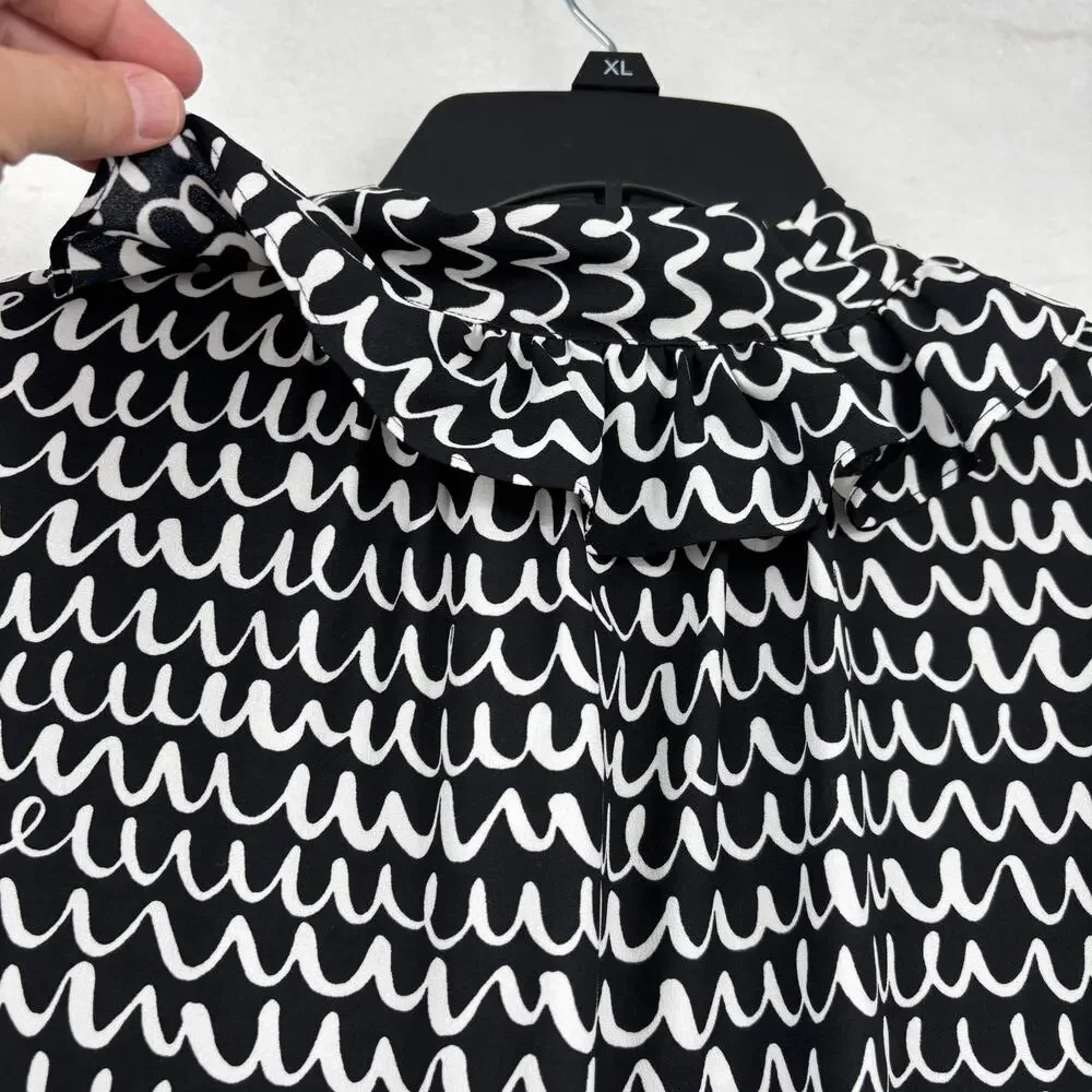 Kate Spade Pop Scallop Blouse Top Size S Black White Print Ruffle Tie Neck